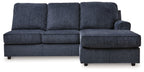 Sofa chaise sectional in dark cobalt fabric with corner chaise and three seat cushions