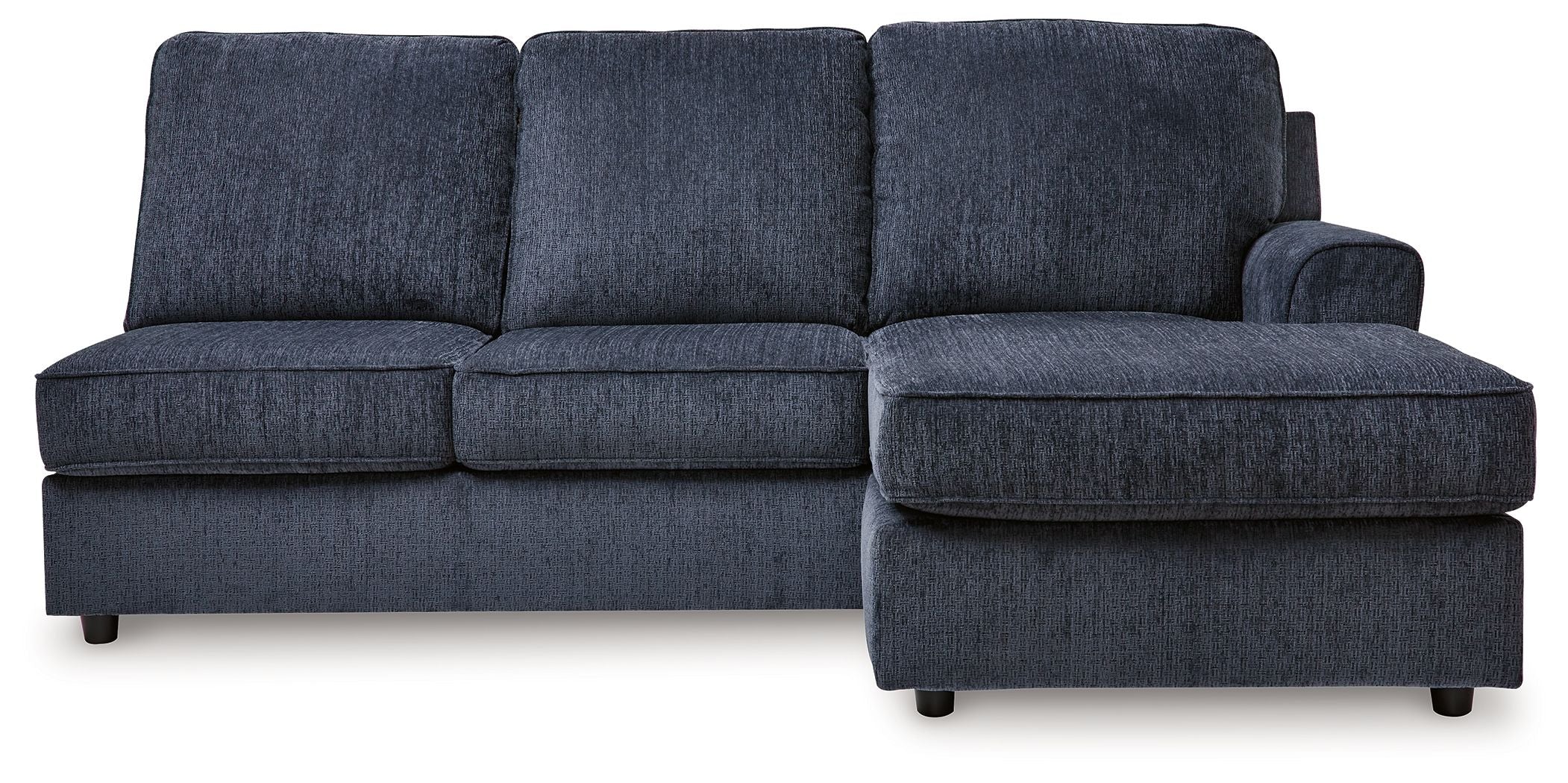 Sofa chaise sectional in dark cobalt fabric with corner chaise and three seat cushions