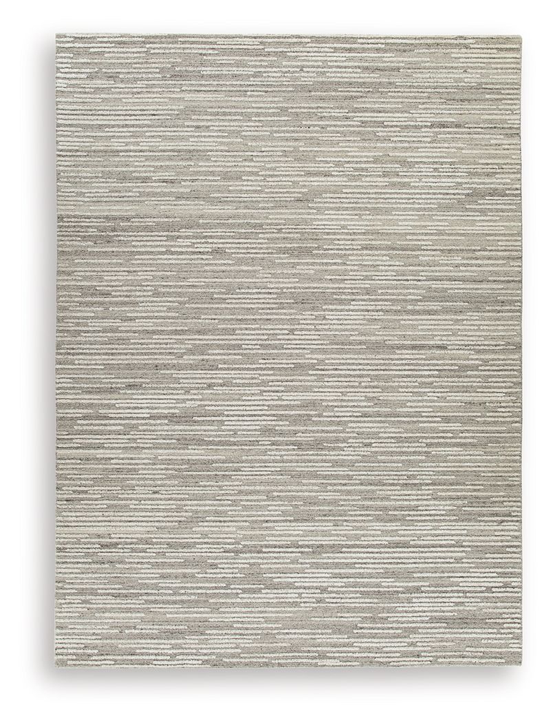 Gray area rug with tight linear stripe texture and subtle speckled weave