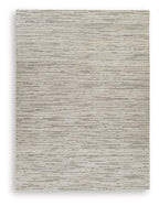 Gray area rug with tight linear stripe texture and subtle speckled weave