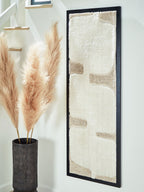 Vertical framed wall art with off-white textured panel and taupe blocks, black frame