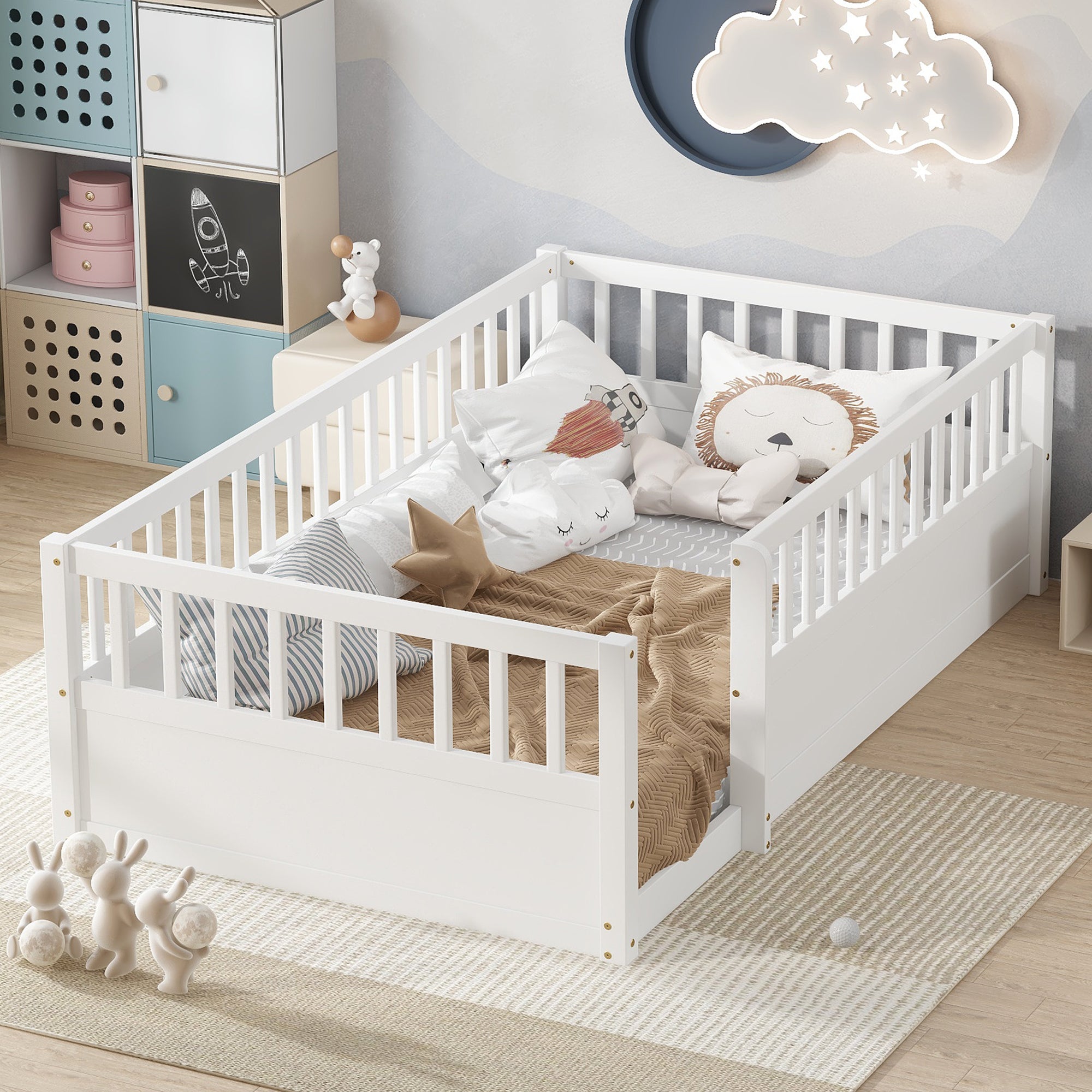 White Montessori Twin Floor Bed Frame with Fence for Kids Room