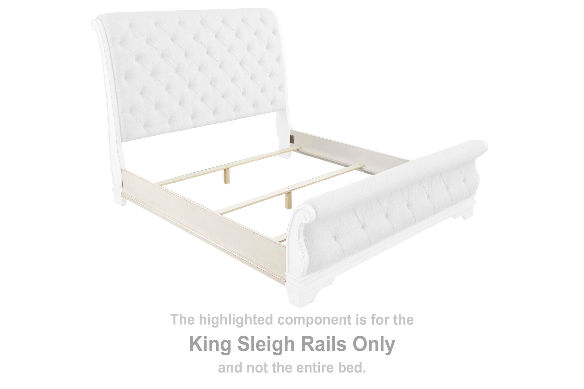 Realyn king sleigh rails in chipped white, with upholstered bed frame sides