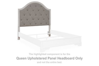 Queen upholstered panel headboard, arched tufted gray fabric with light frame.