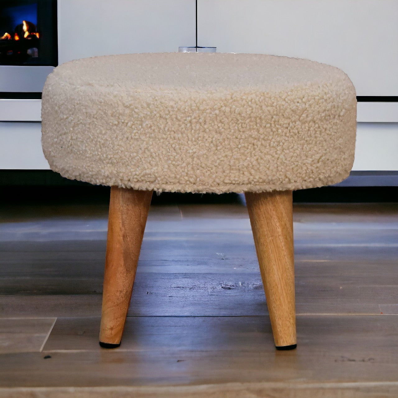 Solid Wood Boucle Petite Footstool, Nordic Legs, Beige
