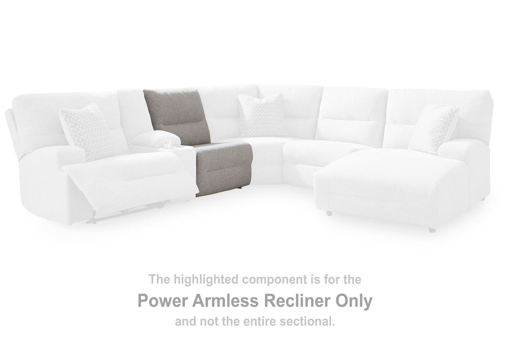 Sectional layout with highlighted power armless recliner, upholstered pewter