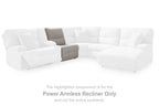 Sectional layout with highlighted power armless recliner, upholstered pewter