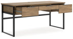 Light brown home office desk with two drawers, open leg space, and black metal frame