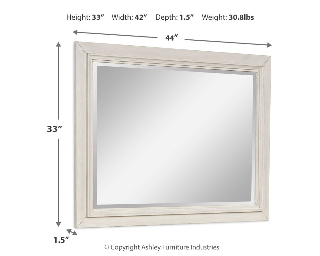 Bedroom mirror specs: 44W x 33H x 1.5D in; antique white frame