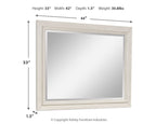 Bedroom mirror specs: 44W x 33H x 1.5D in; antique white frame