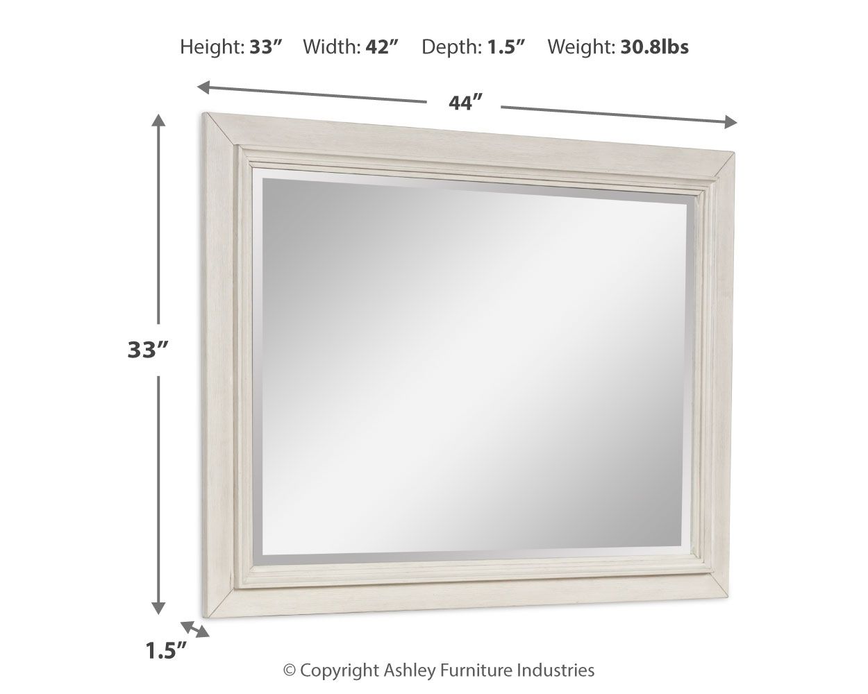 Bedroom mirror specs: 44W x 33H x 1.5D in; antique white frame