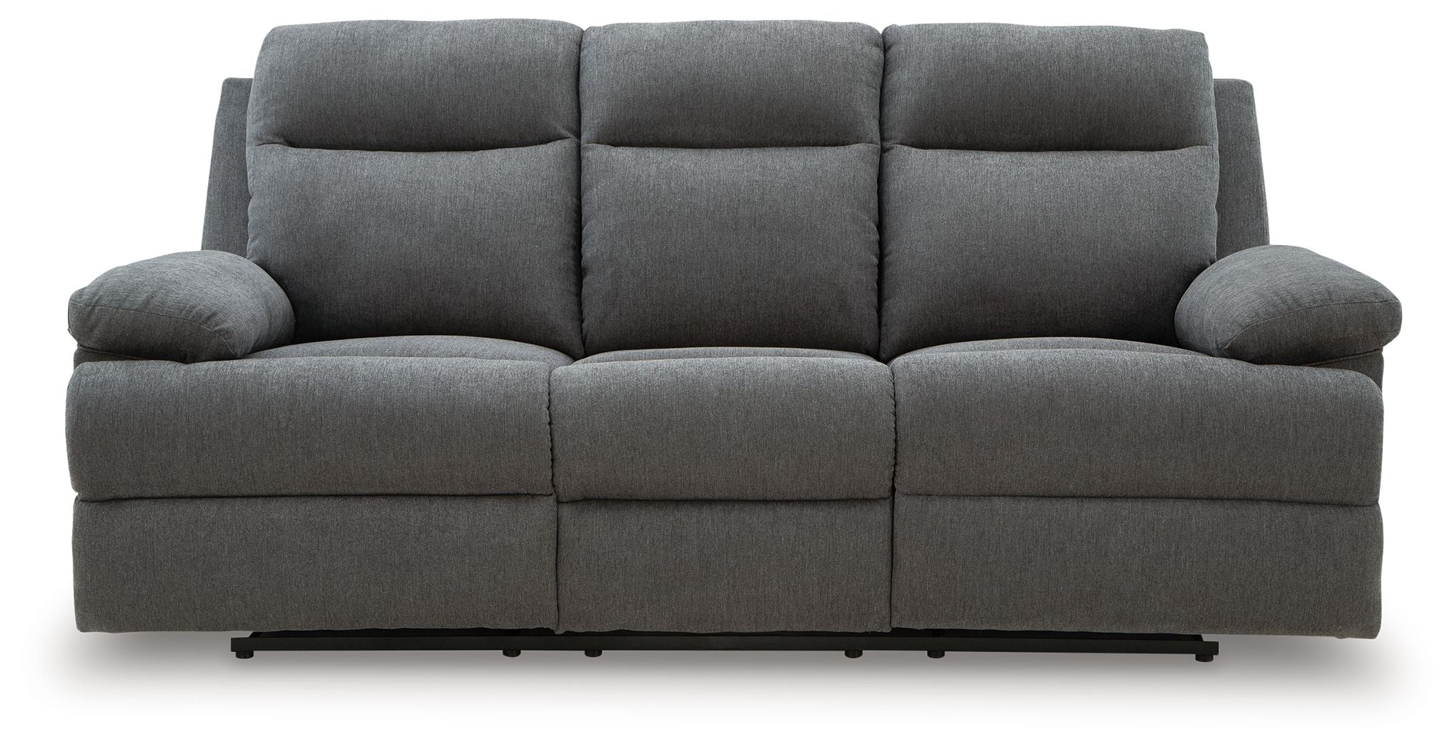 Dark gray reclining sofa with three seat sections and tufted back cushions