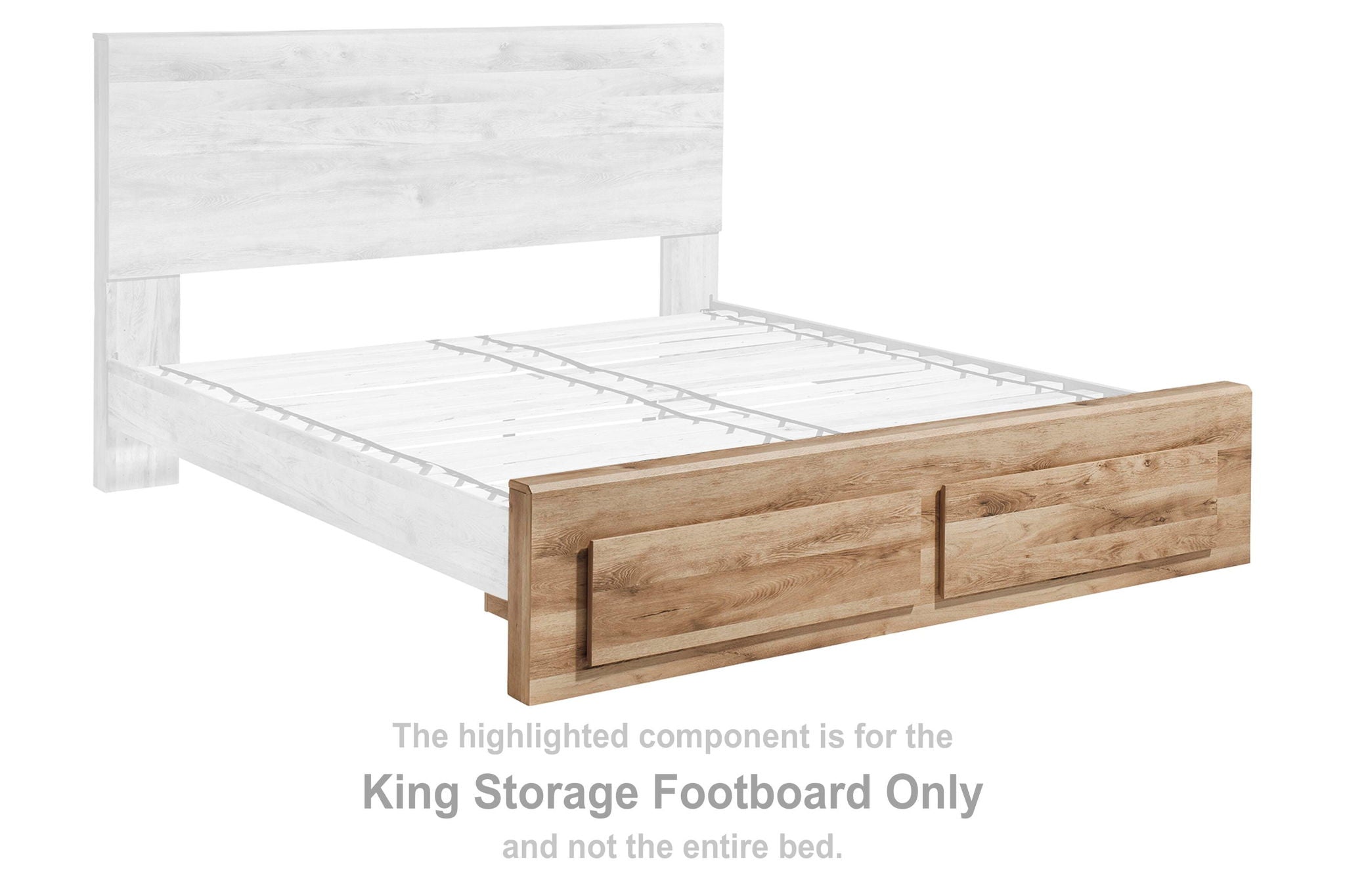 King storage footboard with two drawers, tan brown wood.