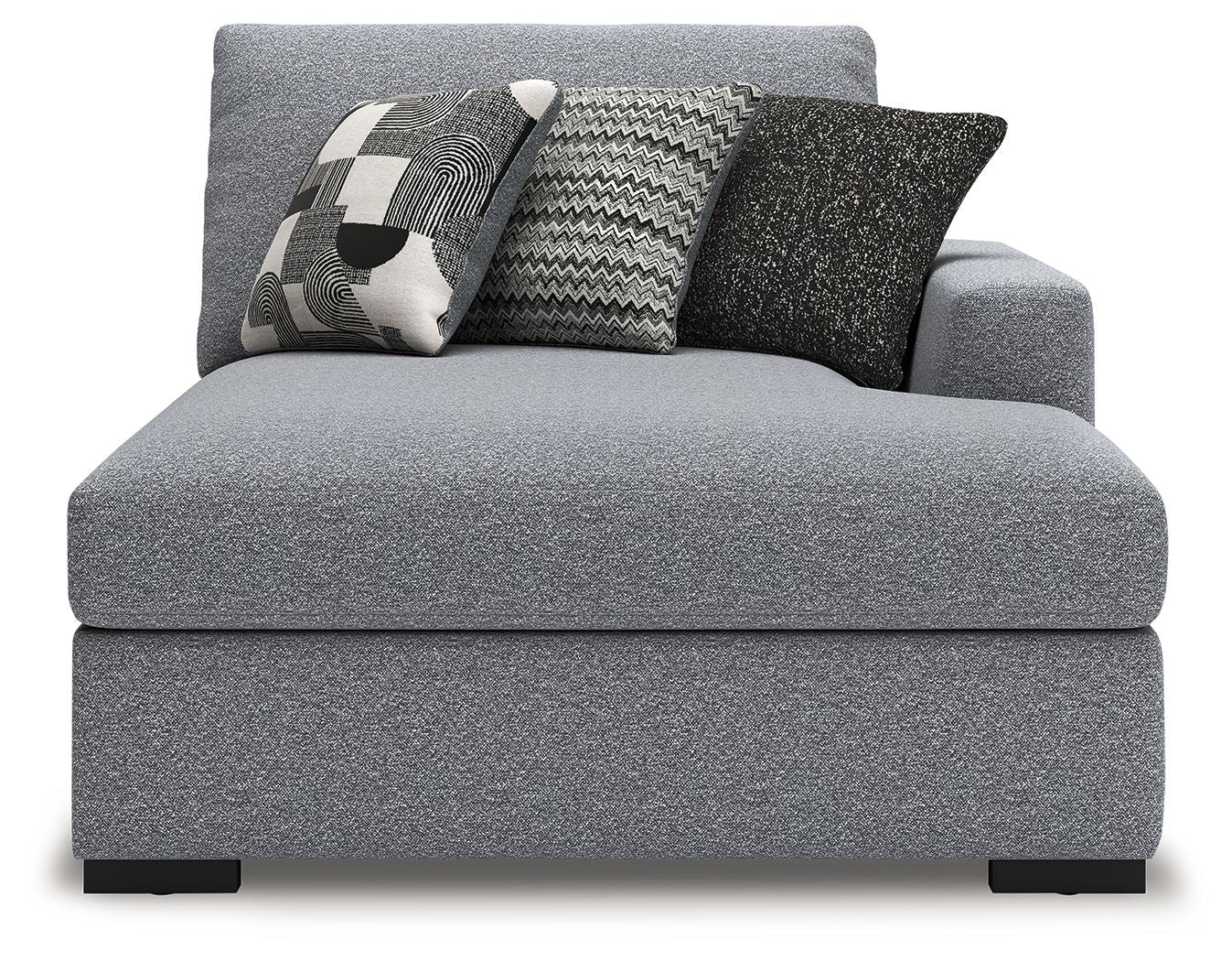 Gray RAF corner chaise with upholstered backrest and three decorative pillows in black and white