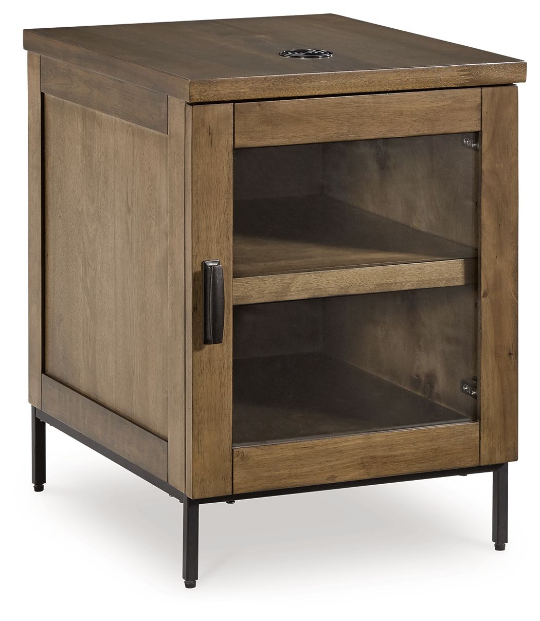 Brown chair-side end table with single door and interior shelf