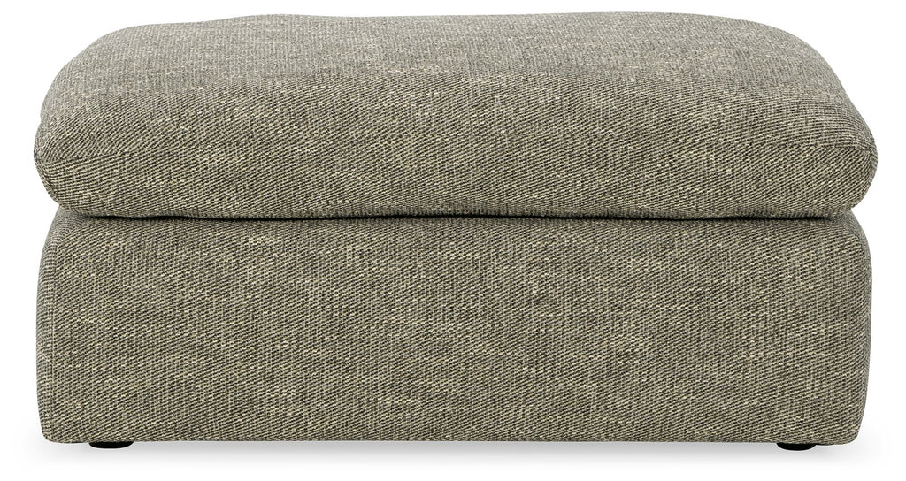 Gray fabric ottoman with padded top seam and low profile