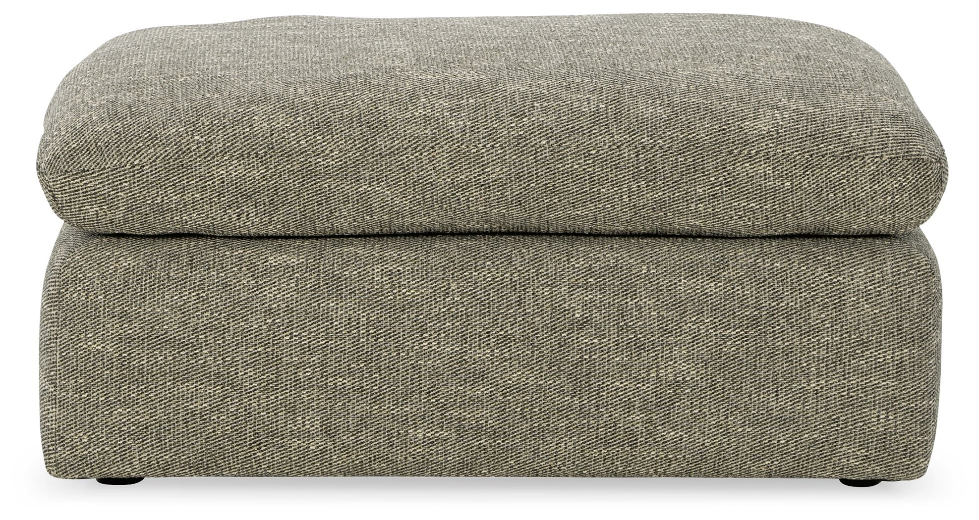Gray fabric ottoman with padded top seam and low profile