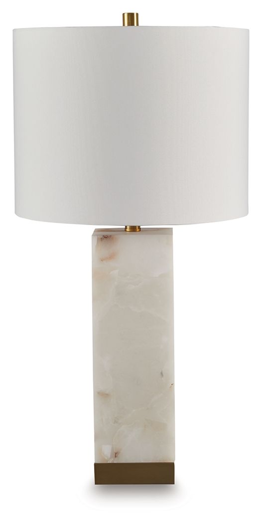 White fabric drum shade table lamp with alabaster-style stone base and gold accents