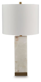 White fabric drum shade table lamp with alabaster-style stone base and gold accents