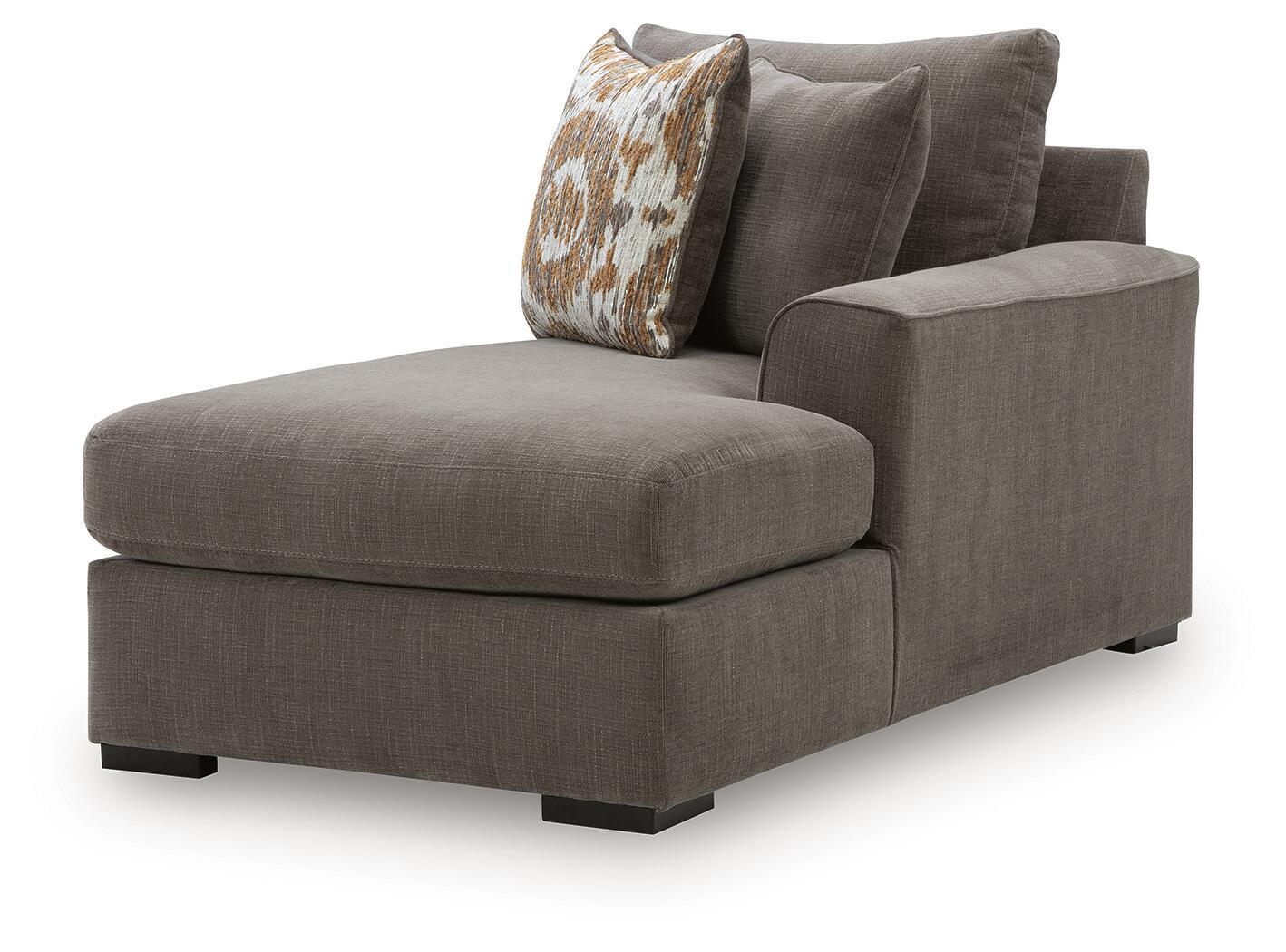 Gray right-arm corner chaise with tall backrest and patterned accent pillow