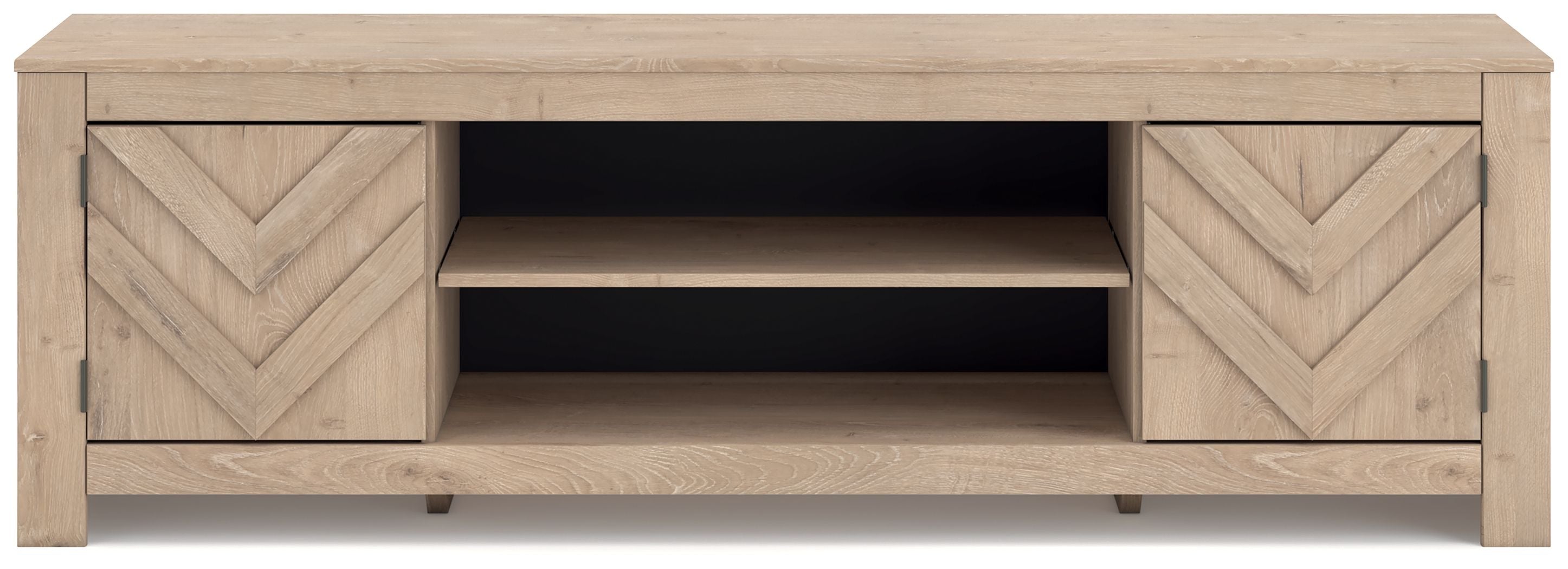 Beige TV stand with chevron cabinet doors and open center shelves