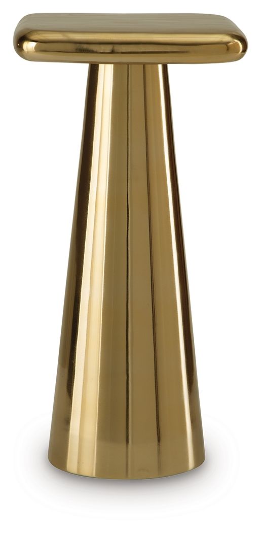 Gold finish accent table with flat round top and tapered fluted pedestal base