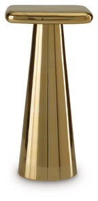 Gold finish accent table with flat round top and tapered fluted pedestal base