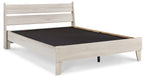 Beige panel platform bed with black slatted platform and raised side rails