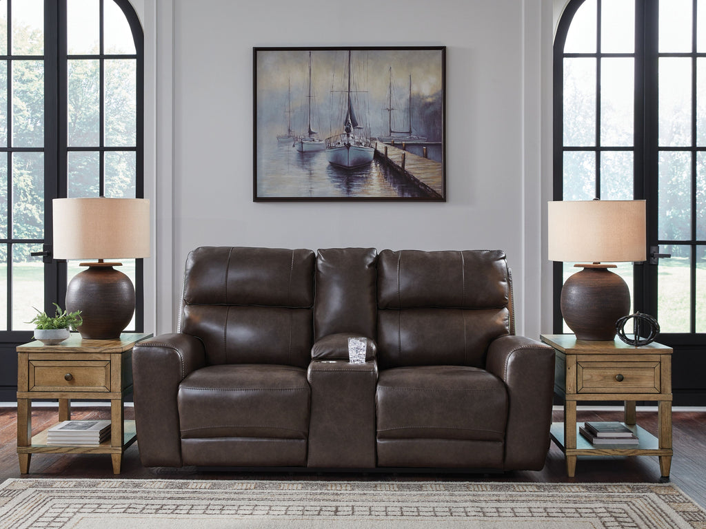 Dark brown power reclining loveseat with console, cushioned back and two seats