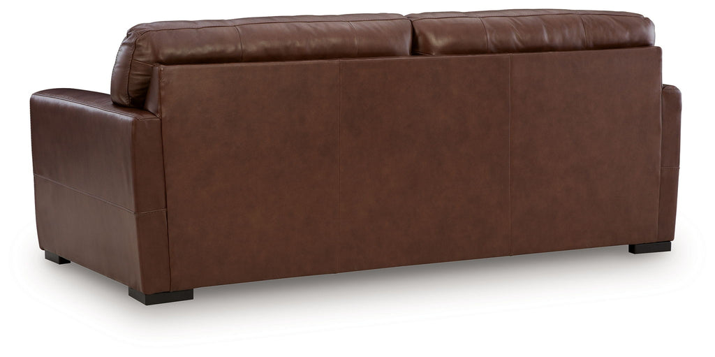 Brown leather sofa with tall back and wide track arms