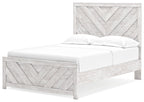 Light gray panel bed with chevron-pattern headboard and footboard, white upholstered mattress