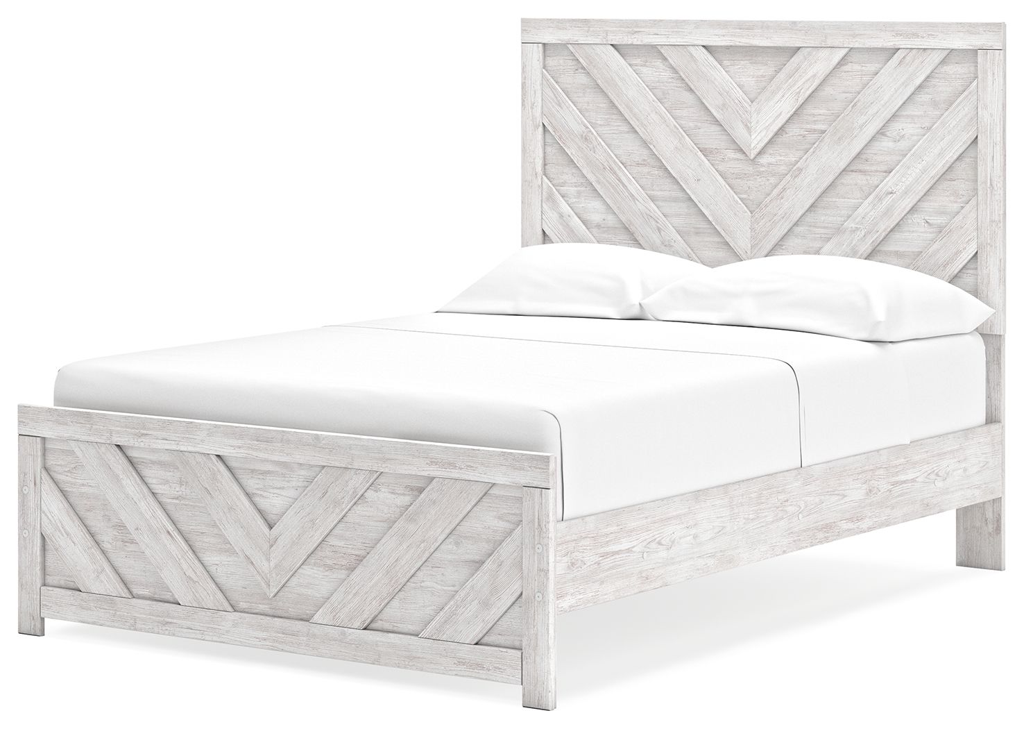 Light gray panel bed with chevron-pattern headboard and footboard, white upholstered mattress