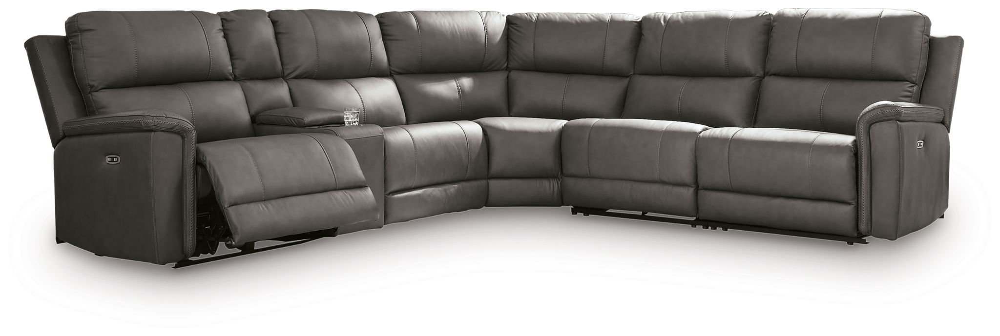 Power reclining sectional sofa, charcoal gray with rounded armrests and reclining corner seat