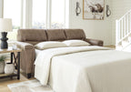 Queen sofa sleeper with pull-out mattress and fossil frame, shown in open position