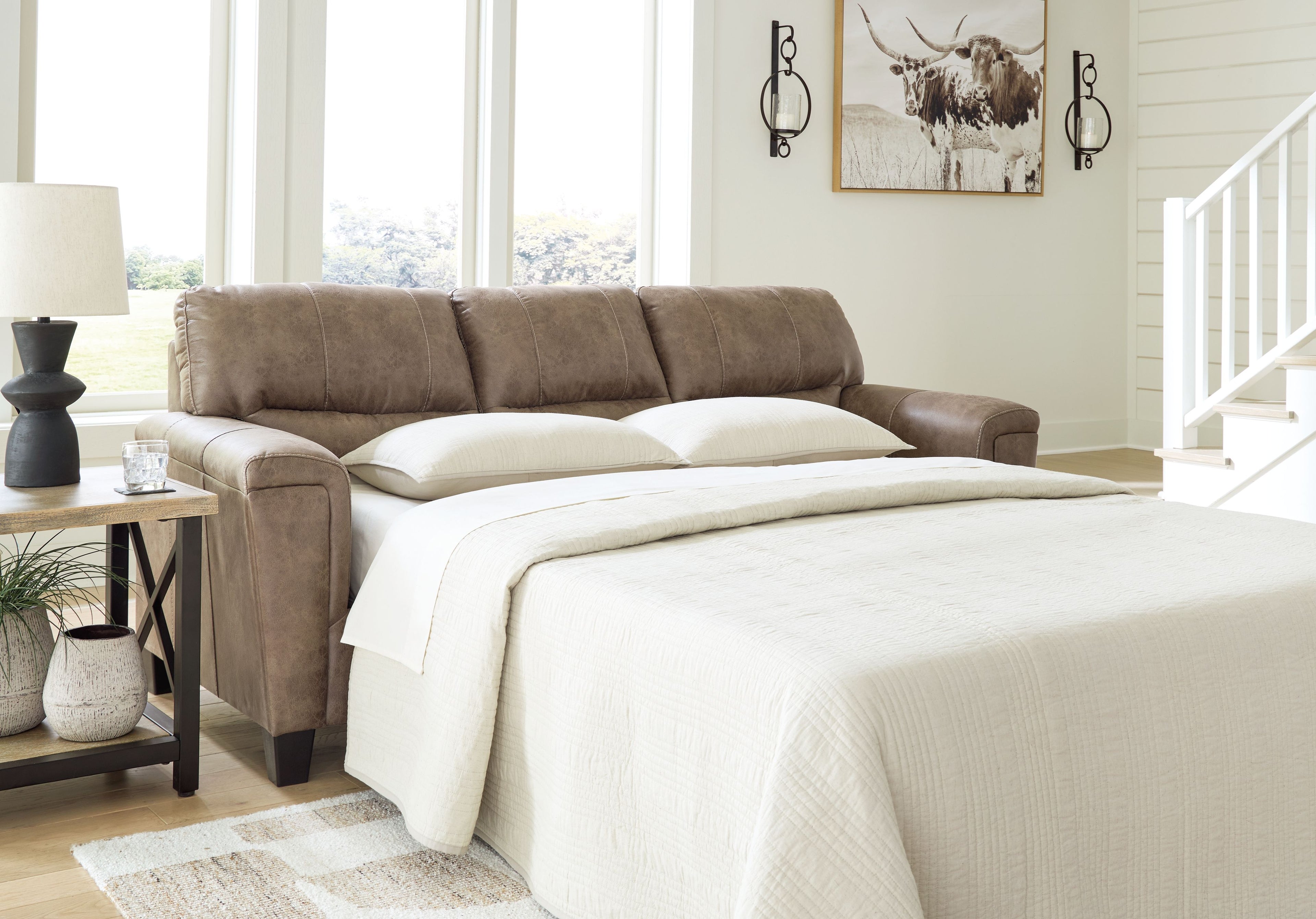 Queen sofa sleeper with pull-out mattress and fossil frame, shown in open position
