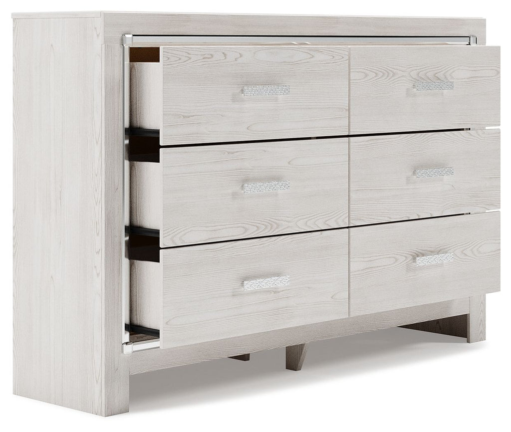 White dresser with mirror, side view showing interior of partially open drawers