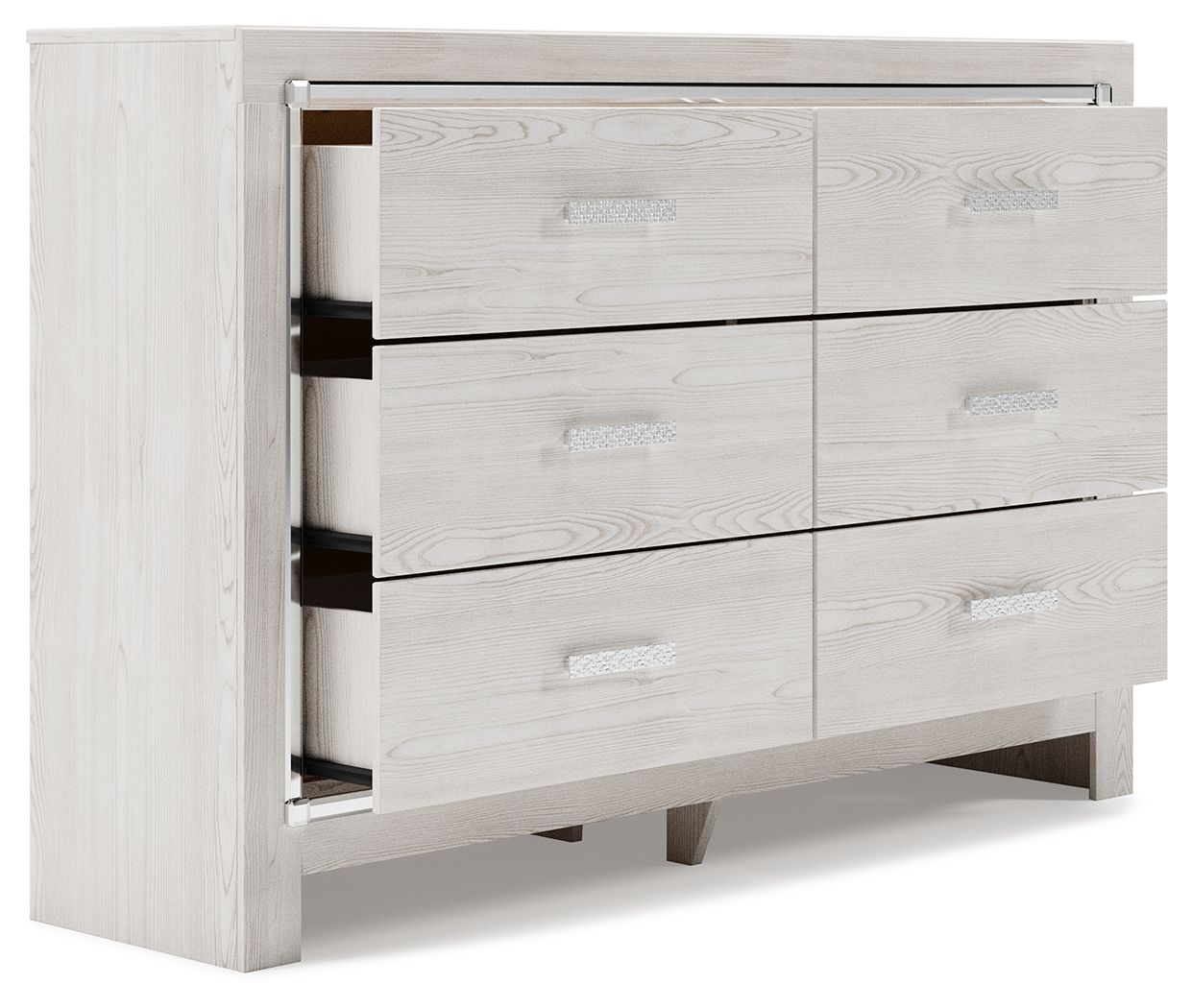 White dresser with mirror, side view showing interior of partially open drawers