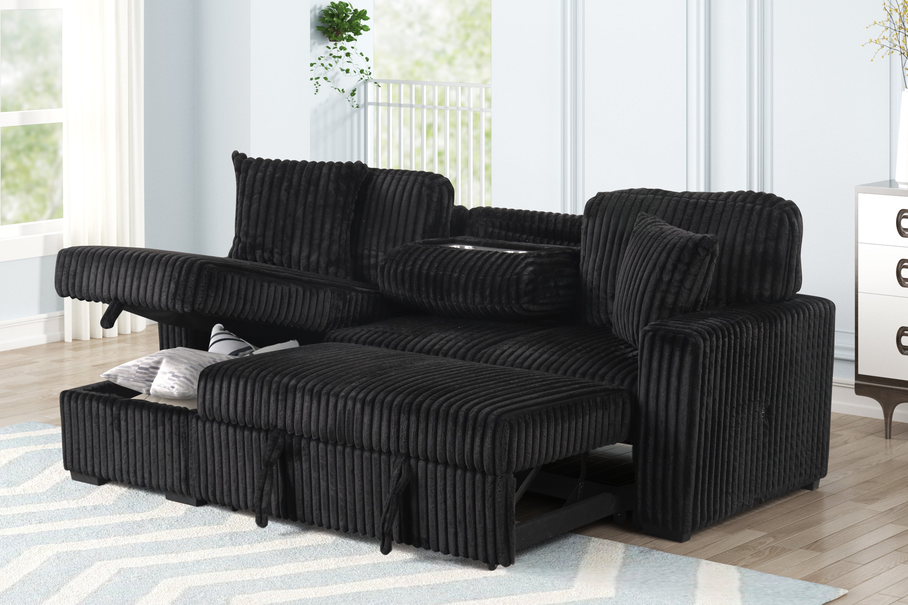 Plush Black Velvet Sectional Sofa with Pull Out Sleeper