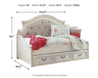 Twin day bed with storage size diagram: 56 in height, 79.25 in width, 44.5 in depth