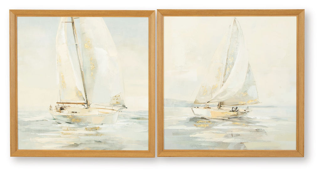 Sailboat wall art set of 2 with tan wood frames and pale blue gray sea scenes