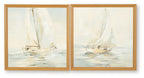Sailboat wall art set of 2 with tan wood frames and pale blue gray sea scenes