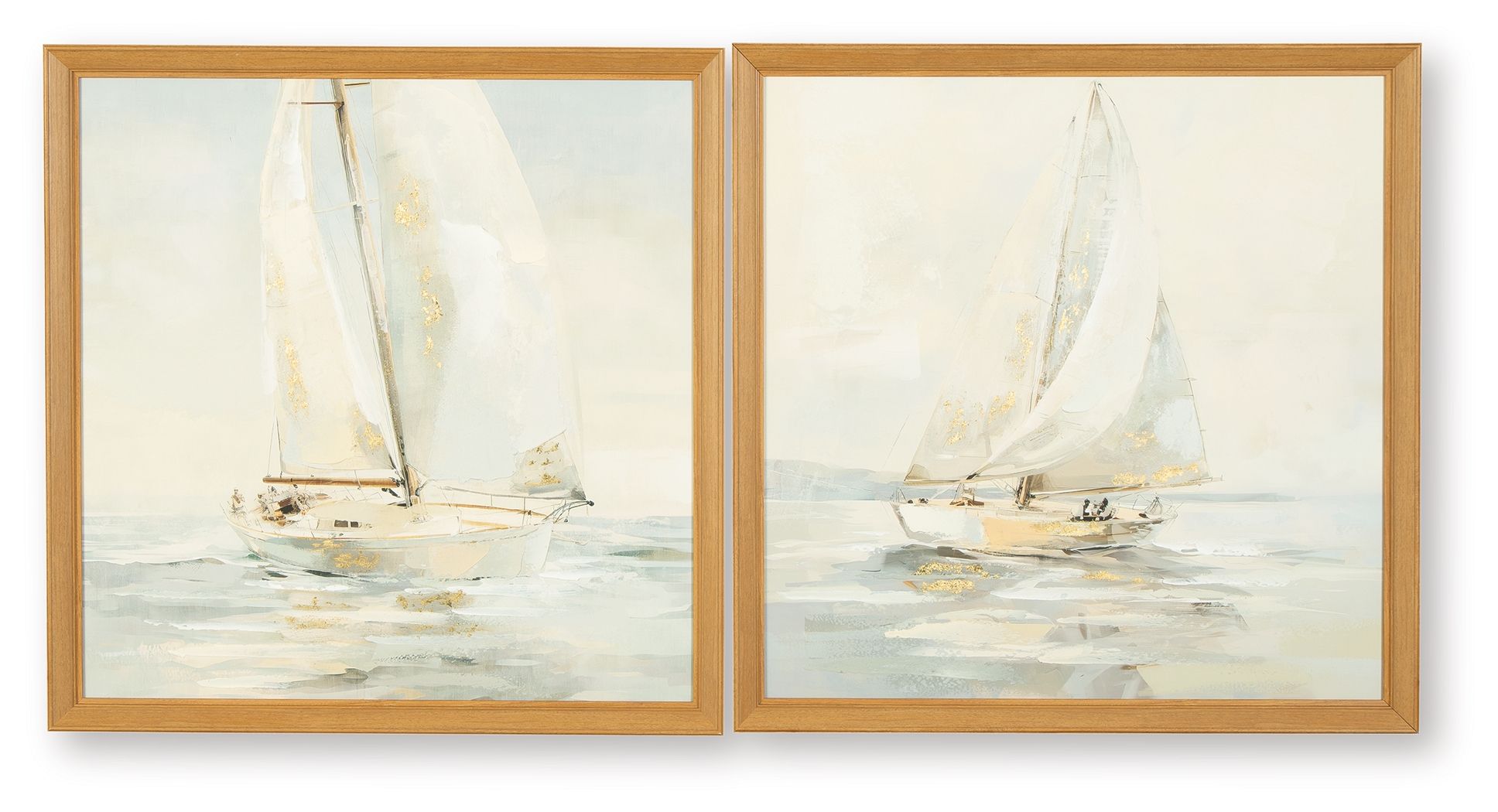 Sailboat wall art set of 2 with tan wood frames and pale blue gray sea scenes