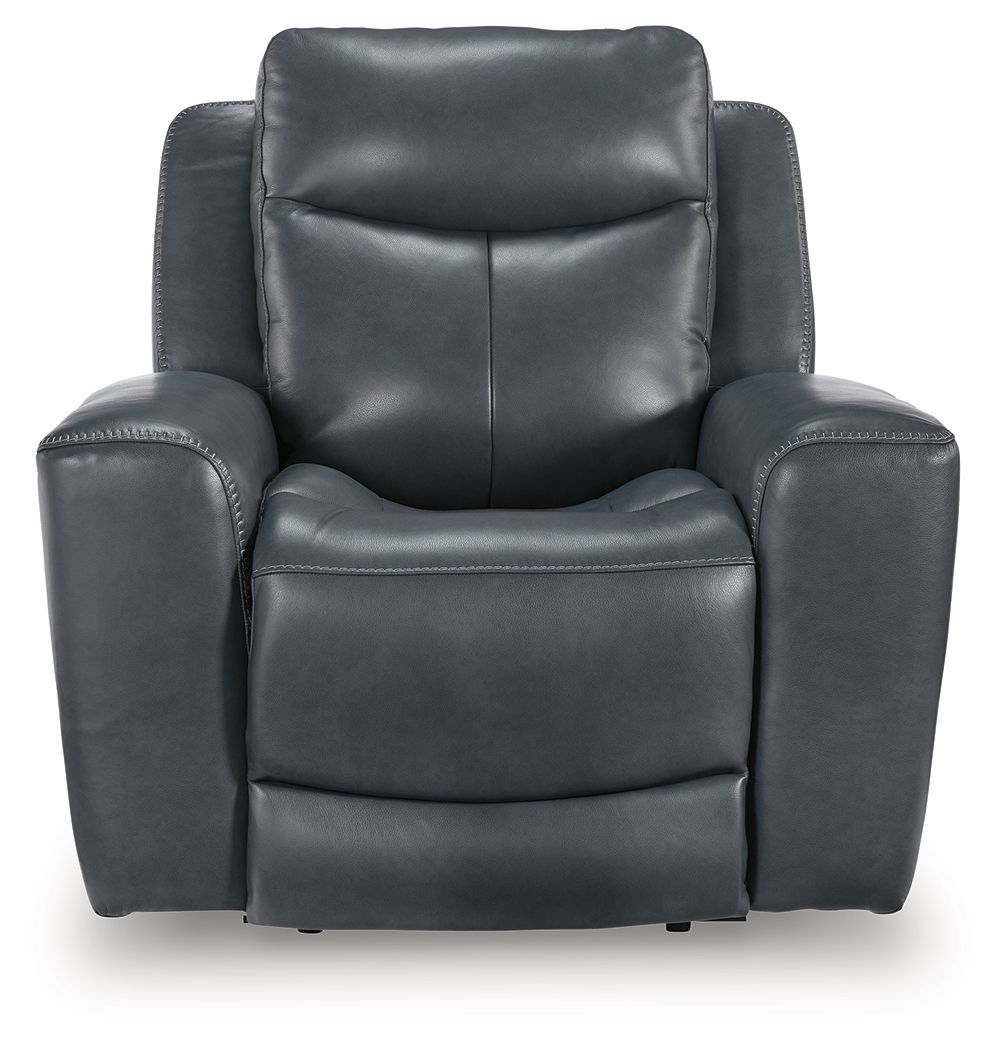 Blue leather-look power recliner with adjustable headrest and cushioned backrest