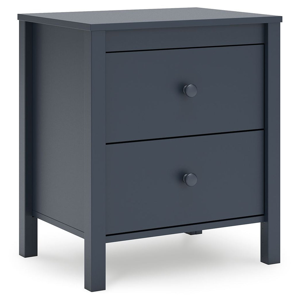 Navy blue two-drawer night stand with round knobs and side panel trim.