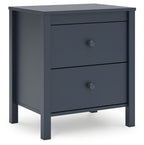Navy blue two-drawer night stand with round knobs and side panel trim.