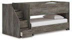 Gray twin-over-twin loft bed with built-in ladder and side rail, two-tier frame