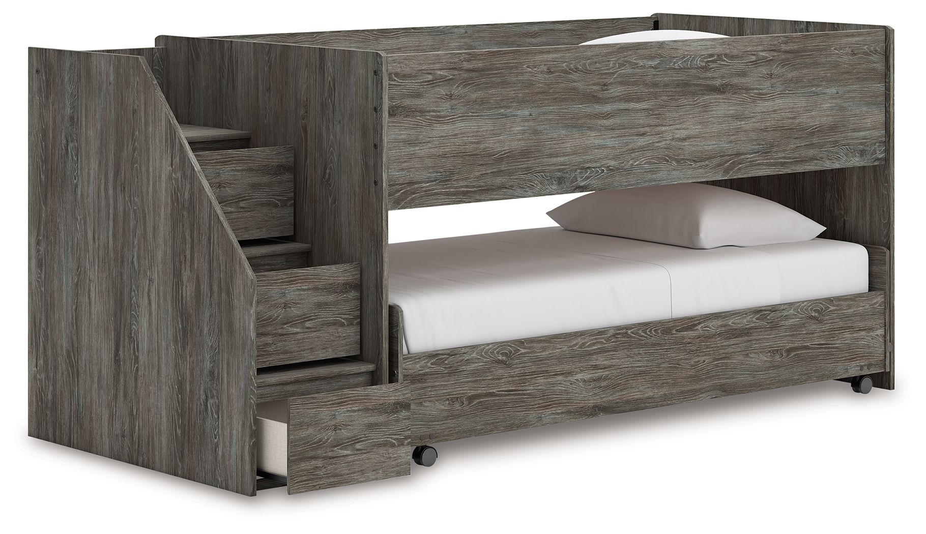 Gray twin-over-twin loft bed with built-in ladder and side rail, two-tier frame