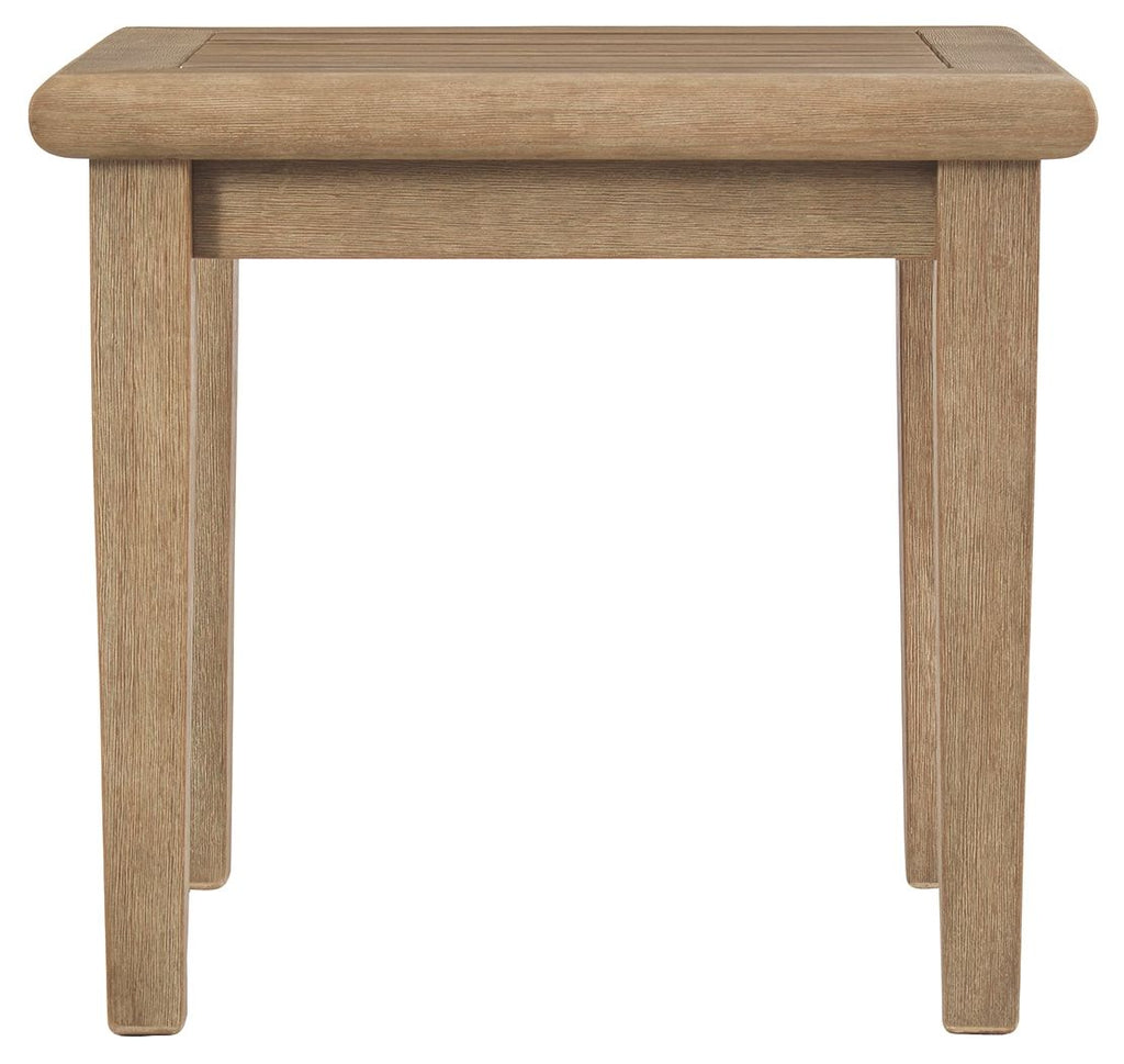 Square end table with open underside, light brown wood and four angled legs