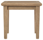 Square end table with open underside, light brown wood and four angled legs