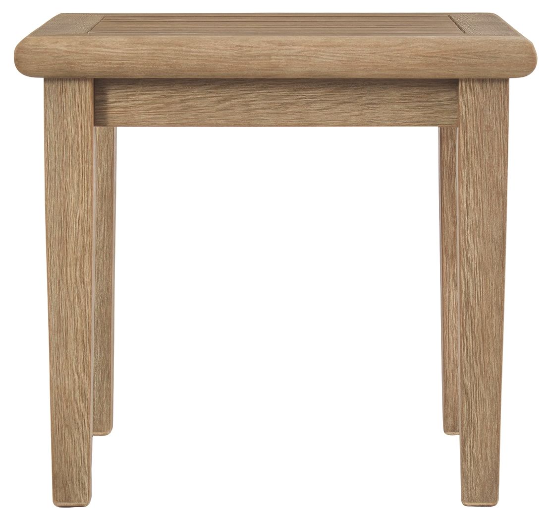 Square end table with open underside, light brown wood and four angled legs